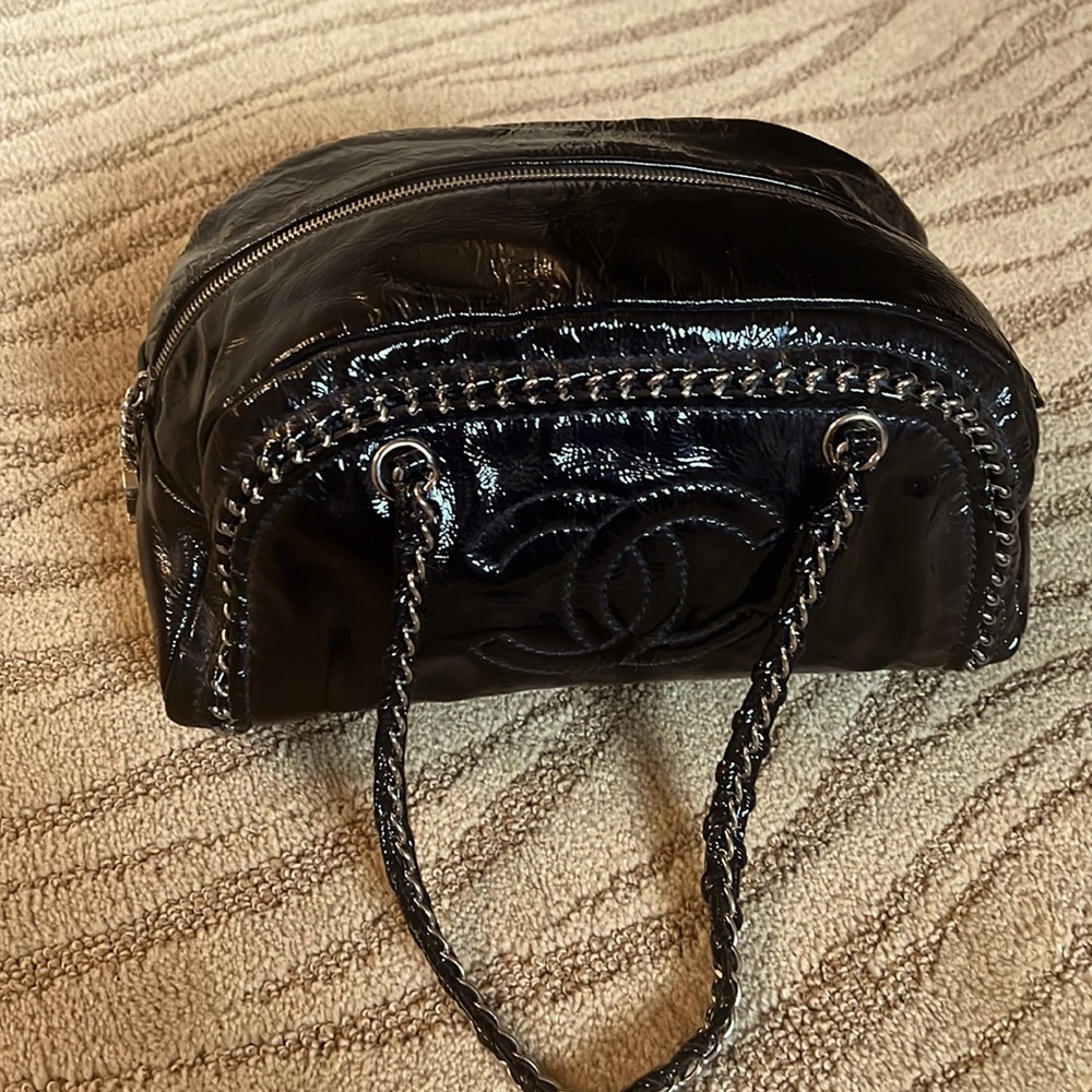 Authentic Black Patent Leather Chanel Bowler Bag